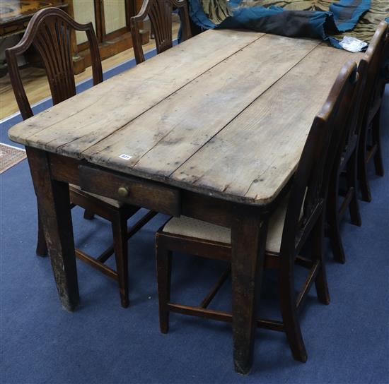 A late 19th Century French oak and fruitwood kitchen table, 188cm x 83cm